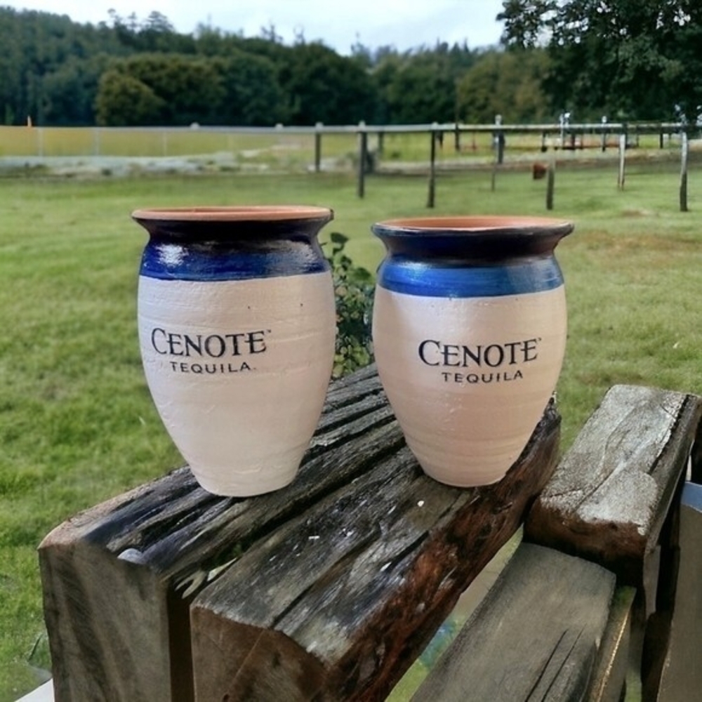 CENOTE TEQUILA Mexico Cantarito Clay Pottery Cups Set of 2 Handmade 5" NWOT
